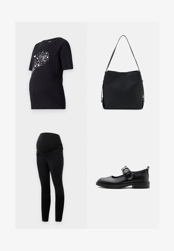 Sort graviditetst-shirt med korte ærmer, der har en hvid grafik af hjerter og teksten "Ready to Pop." Lavet af blødt bomuldsmateriale.; Sorte graviditetsjeans med en strækbar over-bump talje, slim fit og frontlommer med en glat tekstur.; Sort læder Mary Jane-sko med tyk sål, rundet tå, sølvspænde og trækflig bagpå.; Pieces PCBONY - Håndtasker - black