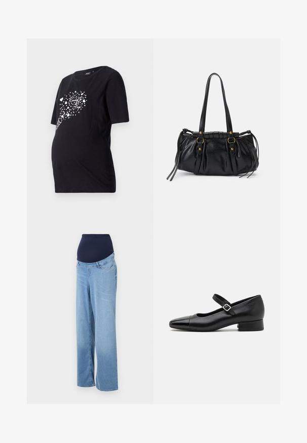 Camiseta de maternidad negra con mangas cortas que presenta un gráfico blanco de corazones y el texto "Listos para nacer". Confeccionada en suave algodón.; Jeans de maternidad en denim azul claro. Con una cinturilla elástica en color azul marino y un diseño de pierna ancha. Tiene bolsillos frontales estándar y una tela ligeramente desgastada.; Zapatos Mary Jane de cuero negro con puntera de charol, correa de tobillo ajustable y tacón bajo. Textura suave y diseño elegante.; Bolso de mano de cuero negro con forma redondeada, asas dobles, acentos de hardware decorativo y detalles de lazo en los laterales. Textura lisa y brillante.