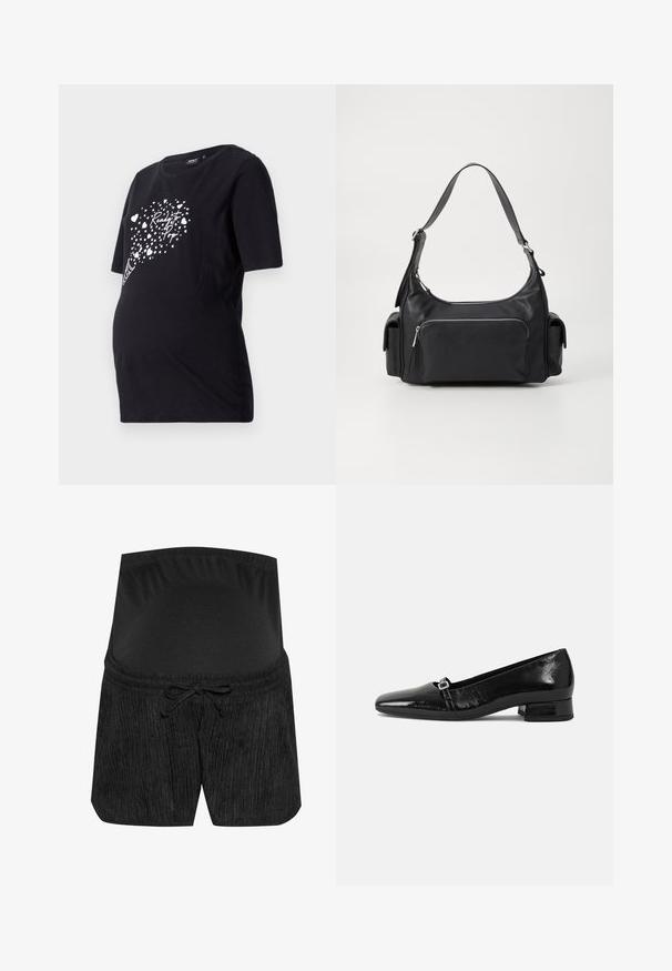 Sort graviditetst-shirt med korte ærmer, der har en hvid grafik af hjerter og teksten "Ready to Pop." Lavet af blødt bomuldsmateriale.; Sorte graviditetsshorts med et tekstureret design, snørelukning i taljen og en glat, elastisk talje. Blødt stof for komfort.; Sorte patentlæder balletflade med spids tå, lav firkantet hæl og en lille metallisk spænde detalje på remmen. Glat tekstur.; Sort læder skuldertaske med en rund form, lynlåslomme foran og to sidelommer. Har en enkelt justerbar skulderrem.