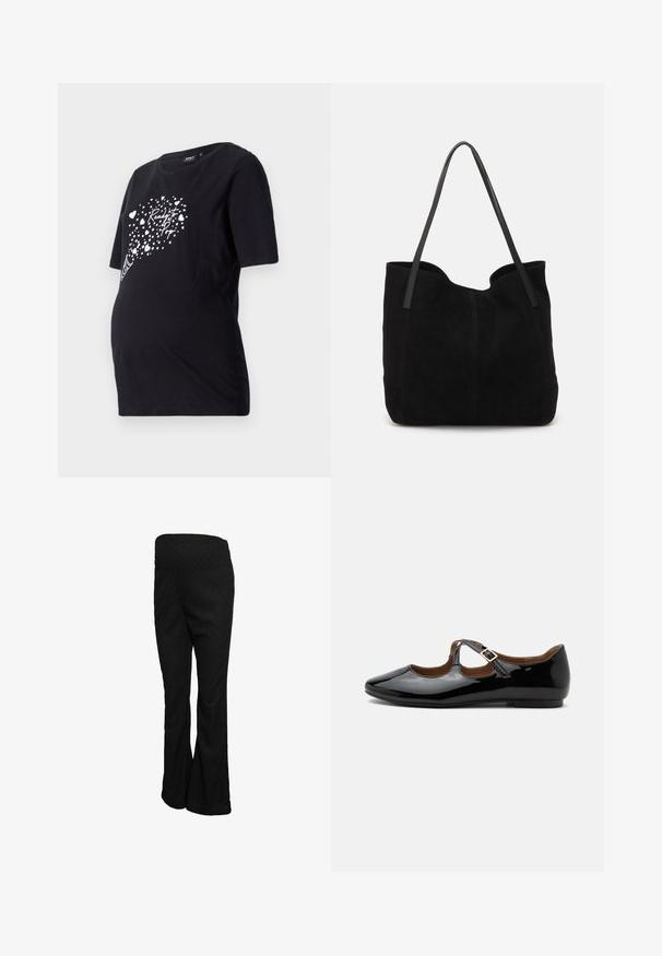 Sort graviditetst-shirt med korte ærmer, der har en hvid grafik af hjerter og teksten "Ready to Pop." Lavet af blødt bomuldsmateriale.; Sorte udvidede bukser lavet af tekstureret stof med højt taljebånd og en glat finish, med en lige pasform gennem hofter og lår.; Sort laklæder Mary Jane-flad sko med to udskæringer og en guldbuckelrem på hvid baggrund.; Sort ruskinds totemed med to lange, flade læderremme. Har en buet topkant og synlige stikninger langs forsiden. Ingen hardware-dekorationer.