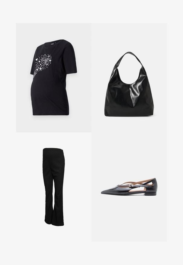 Sort graviditetst-shirt med korte ærmer, der har en hvid grafik af hjerter og teksten "Ready to Pop." Lavet af blødt bomuldsmateriale.; Sorte udvidede bukser lavet af tekstureret stof med højt taljebånd og en glat finish, med en lige pasform gennem hofter og lår.; Sorte flade lædersko med spids tå, åbne sider og en lille ankelrem med et sølvspænde som pynt.; Sort læder hobo taske med en blød, skinnende tekstur og en rund, åben top. Har en bred, buet strop til bæring. Ingen synlig hardware.