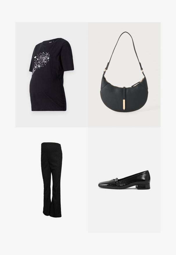 Sort graviditetst-shirt med korte ærmer, der har en hvid grafik af hjerter og teksten "Ready to Pop." Lavet af blødt bomuldsmateriale.; Sorte udvidede bukser lavet af tekstureret stof med højt taljebånd og en glat finish, med en lige pasform gennem hofter og lår.; Sorte patentlæder balletflade med spids tå, lav firkantet hæl og en lille metallisk spænde detalje på remmen. Glat tekstur.; Sort håndtaske formet som en halvmåne med en enkelt rem, guld lynlås og en guldfarvet rektangulær dekorativ fane foran.