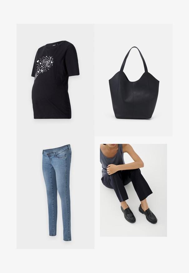 Zwarte zwangerschaps T-shirt met korte mouwen, voorzien van een witte grafiek van harten en de tekst "Ready to Pop." Gemaakt van zacht katoen.; MAMALICIOUS Skinny fit maternity Mid waist - Jeans Skinny Fit - medium blue denim; Zwarte leren loafers met textuurelementen, lage hak, ronde neus en zichtbare stiksels. Model draagt donkere broek en een grijze top.; Zwarte tote tas van glad leer, met een gebogen, open bovenkant en twee schouderbanden, en een minimalistisch ontwerp.