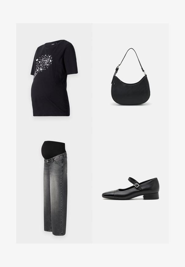 Sort graviditetst-shirt med korte ærmer, der har en hvid grafik af hjerter og teksten "Ready to Pop." Lavet af blødt bomuldsmateriale.; Graviditetsjeans i falmet sort denim med en strækbar sort talje for støtte. Vidde ben design med standard forlommer.; Sorte læder Mary Jane-sko med en patenttå, justerbar ankelrem og lav blokhæl. Glat tekstur og strømlinet design.; Sort hobo taske lavet af glat læder med en buet silhuet, der har en enkelt justerbar skulderrem og minimalistiske designdetaljer.