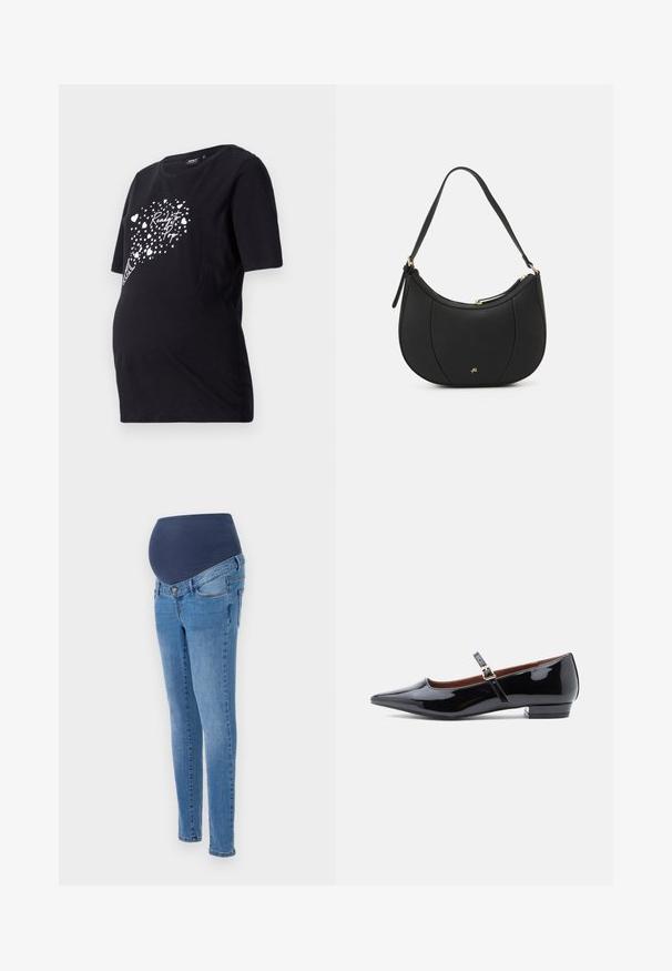 Sort graviditetst-shirt med korte ærmer, der har en hvid grafik af hjerter og teksten "Ready to Pop." Lavet af blødt bomuldsmateriale.; Graviditetsjeans med en blå elastisk talje og slim-fit ben, lavet af lys blå denim med lidt falmning og standard baglommer.; Sorte patenterede læder Mary Jane flade sko med spids tå og lille hæl, udstyret med en justerbar rem med guld spænde.; Sort læderhåndtaske med en buet form, struktureret overflade, forreste syninger og et logo i guldfarve. Har en enkelt justerbar rem.