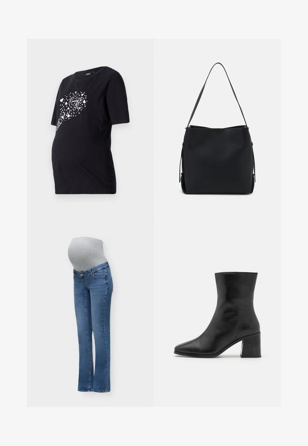 Sort graviditetst-shirt med korte ærmer, der har en hvid grafik af hjerter og teksten "Ready to Pop." Lavet af blødt bomuldsmateriale.; Blå graviditetsjeans med en grå elastisk mavepanel designet til at sidde over en gravid mave for komfort og støtte.; Sorte læder ankelstøvle, spids tå, glat tekstur, mellemhøj blokhæl, minimalistisk design og syede detaljer langs kraven.; Pieces PCBONY - Håndtasker - black
