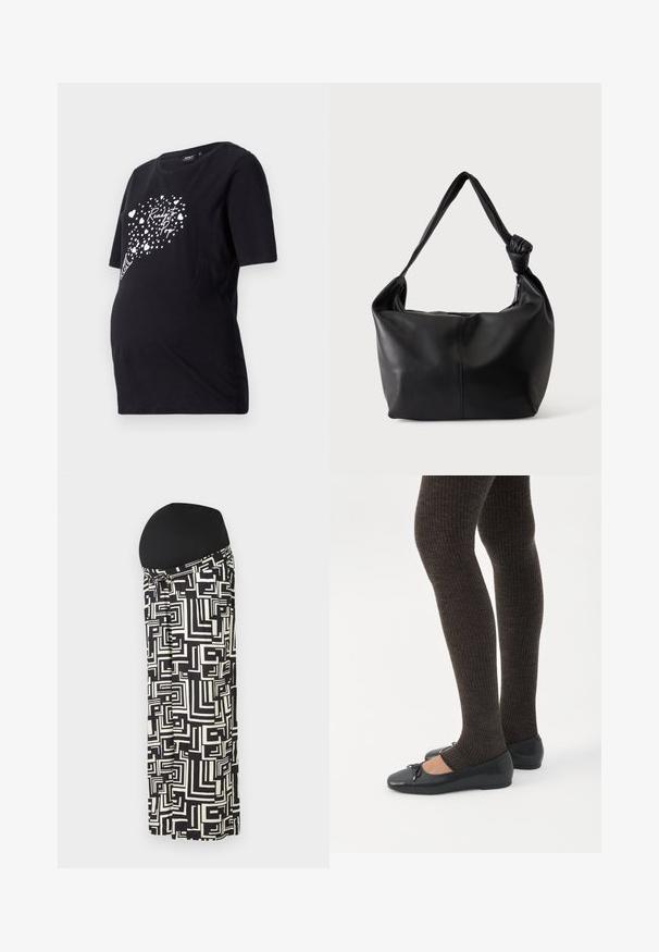 T-shirt de maternité noir à manches courtes avec un graphique blanc de cœurs et le texte "Prête à éclater". Fabriqué en coton doux.; Jupe maxi de maternité en noir et blanc avec des motifs géométriques, dotée d'une taille élastique pour le confort et l'élasticité.; Jambes portant des leggings côtelés foncés associés à des ballerines noires avec de petits détails en nœud sur fond blanc.; Sac à bandoulière en cuir noir avec une sangle nouée unique et un corps souple et décontracté de forme rectangulaire.