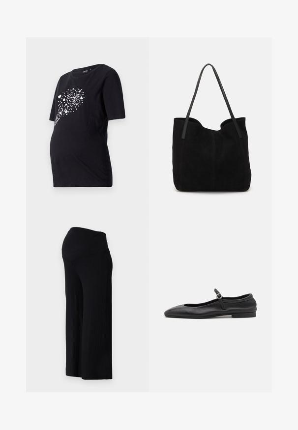 Sort graviditetst-shirt med korte ærmer, der har en hvid grafik af hjerter og teksten "Ready to Pop." Lavet af blødt bomuldsmateriale.; Sorte ribbede bredbenede bukser med høj talje. Stoffet er glat og strækbart, hvilket skaber en afslappet pasform hele vejen ned ad benene.; Sorte læder balletflade med en rund tå, smal vamp og en lille ankelrem med en cirkulær spænde. Lav, flad sål.; Sort ruskinds totemed med to lange, flade læderremme. Har en buet topkant og synlige stikninger langs forsiden. Ingen hardware-dekorationer.