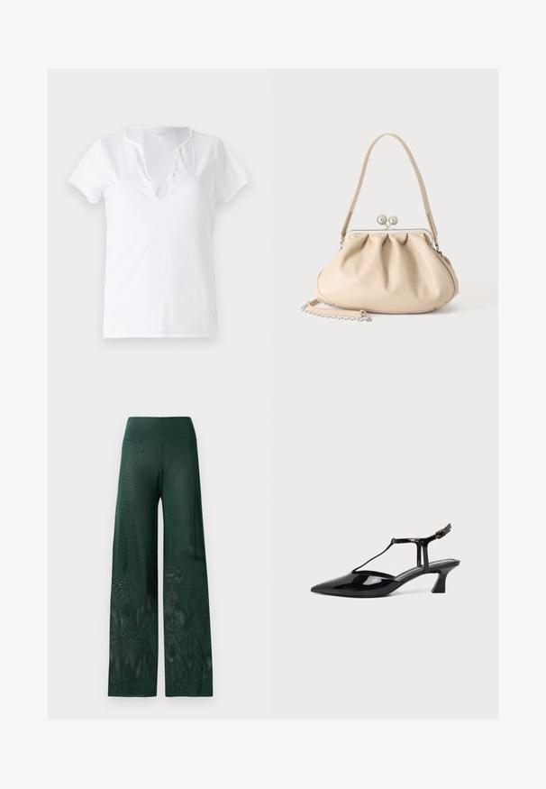 T-shirt en coton blanc à manches courtes, coupe décontractée et décolleté en V, avec un plastron orné de cinq boutons décoratifs.; Pantalons larges verts en maille légère avec un motif en zigzag au niveau de l'ourlet. Présente une taille lisse pour plus de confort.; Chaussure slingback en cuir verni noir à bout pointu avec bride en T et petit talon bloc incliné sur fond blanc.; Sac à main en cuir souple beige avec un fermoir en métal argenté, une bandoulière simple et une bandoulière chaîne optionnelle sur fond blanc.
