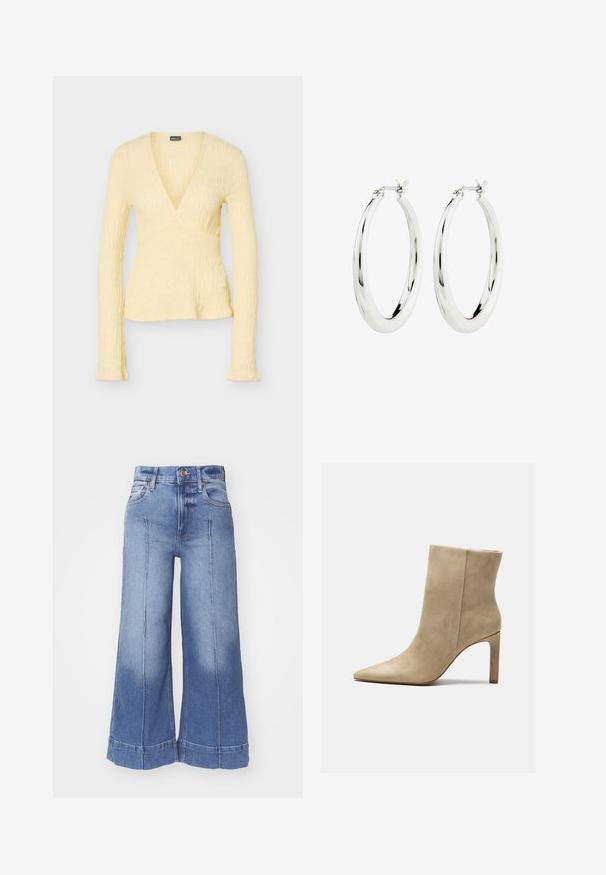Haut cache-cœur à manches longues de couleur jaune pâle avec tissu texturé, encolure en V profonde, taille cintrée et ourlet légèrement évasé.; Jean en denim taille haute, large aux jambes, de couleur bleu clair, avec un effet délavé, des poches avant et des détails cousus le long des jambes.; Zign Bottines à talons hauts - beige; Boucles d'oreilles créoles en argent avec une finition lisse et brillante. Forme circulaire, dotée d'un fermoir sécurisé. Design simple et élégant.
