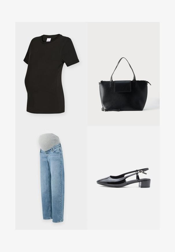 Schwarzes Schwangerschafts-T-Shirt mit kurzen Ärmeln, rundem Ausschnitt und gerafften Seiten für Dehnbarkeit und Komfort.; Umstandshosen mit heller blauer Waschung, entspannter Passform und grauem elastischen Bauchband für Komfort und Flexibilität während der Schwangerschaft.; Schwarzer Lackleder-Slingback-Schuh mit spitzem Zehenbereich, ausgeschnittenen Seiten und niedrigem Blockabsatz. Verfügt über einen Knöchelriemen mit einer Schnalle.; Schwarze Ledertasche mit zwei Griffen, abnehmbarem Riemen, magnetischer Klappe und glatter Textur. Reißverschluss oben und dekorative Naht.