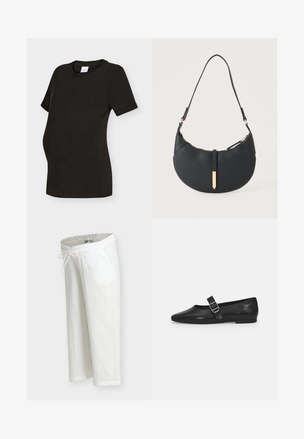 T-shirt de maternité noir à manches courtes avec col rond et côtés froncés pour l'élasticité et le confort.; Pantalon léger en coton blanc avec taille élastique, cordon de serrage et poches latérales, présenté sur un fond uni.; Chaussure plate en cuir noir avec un bout arrondi, une seule sangle réglable à boucle et une texture lisse et brillante. Design minimaliste avec un petit talon.; Sac à main noir en forme de croissant avec une bandoulière unique, une fermeture éclair dorée et une languette décorative rectangulaire dorée à l'avant.