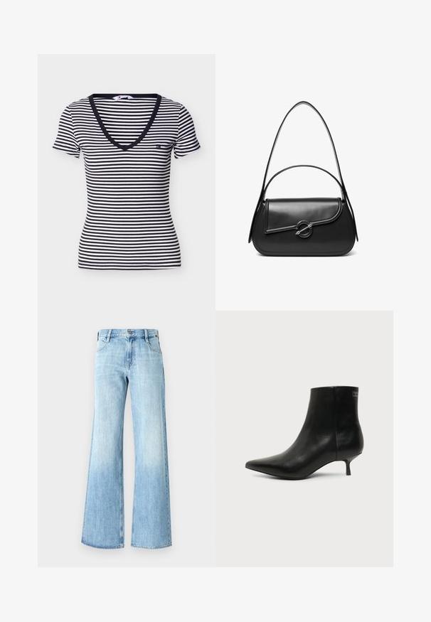 Schwarz-weiß gestreiftes Kurzarmshirt mit V-Ausschnitt und kleinem Logo auf der linken Brust.; Helle blaue Denim-Jeans mit weitem Bein, hoch geschnitten, klassischer Fünf-Taschen-Design und Knopfverschluss, mit einer leichten Ausbleichung nahe dem Saum.; Schwarzer Leder-Knöchel-Stiefel mit spitzer Spitze und niedrigem Kittenabsatz vor hellem Hintergrund, seitliche Ansicht.; Schwarze Lederschultertasche mit einer geschwungenen Klappe, die durch einen runden Metallverschluss gesichert ist, und einem schlanken, verstellbaren Riemen.