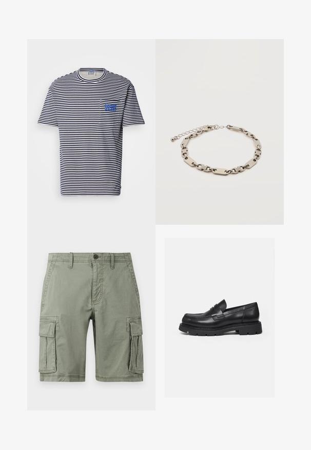 Scotch & Soda POCKET - Trükipildiga T-särk - white / navy; Roheline puuvillasegu cargo lühikesed püksid, millel on kaks külgtaskut, nööpidega sulgur ja sirge lõike kujundus.; Must nahast loafer paksu soonilise tallaga ja mündirihma detailiga, näidatud parempoolse profiilina valgel taustal.; Hõbedatooni metallist ketiga käevõru, millel vahelduvad ristkülikukujulised ja ovaalsed lingid, reguleeritav kinnitus väikese ümmarguse ripatsiga valgel taustal.