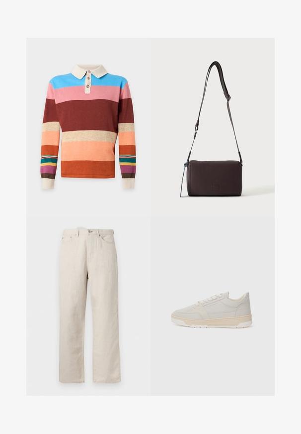 Polo à manches longues avec des rayures horizontales bleues, roses, marron, beige, pêche et des bandes multicolores sur les manches, avec un col blanc et trois boutons.; Jean beige à jambes droites avec cinq poches, passants pour ceinture, fermeture avant par bouton et zip.; Sneaker gris clair en daim avec une semelle en caoutchouc crème. Doté de lacets plats, d'un design minimaliste et d'un branding subtil sur le côté.; Sac bandoulière en cuir marron foncé texturé avec une sangle réglable et un petit accent décoratif bleu sur le côté.