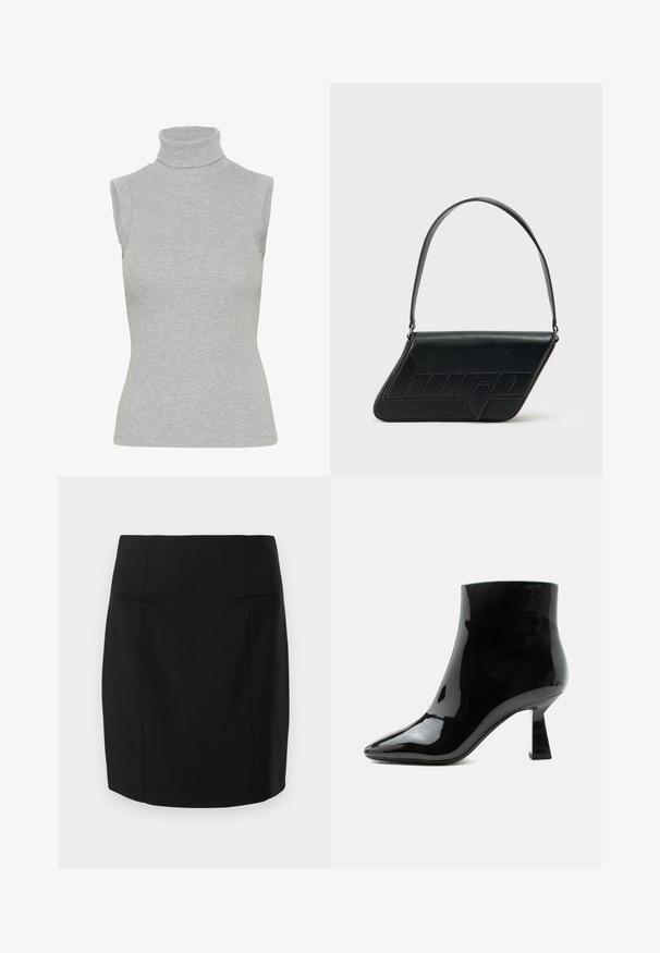 Grå, ærmeløs turtleneck-top lavet af ribbestrikket materiale. Har et tætsiddende design med en høj halslinje og en glat overflade.; Sort pencilskørt lavet af glat stof, med en tætsiddende design, to forlommer og en knælang kant.; Sort blank laklæder ankelstøvle med spids tå og udvidet mellemhøj hæl på hvid baggrund.; Sort skuldertaske i læder med trekantet form, præget logo og en enkelt justerbar rem. Minimalistisk design med glat tekstur.