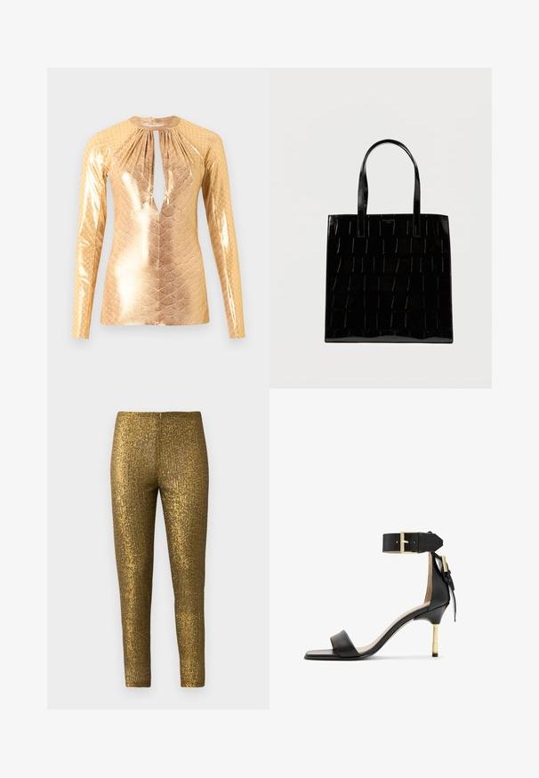 Langærmet skinnende gyldent top med slangeskindstruktur og nøglehul-halsudskæring på ensfarvet baggrund.; Guld metallic leggings med en tekstureret, lodret stribe mønster. Stoffet har en blank overflade og en slank, tætsiddende silhuet.; Sort læder hæl sandal med firkantet tå, ankelrem med en guldbuckle og en slank metallisk hæl. Glat tekstur, minimalistisk design.; Sort patentlædertaske med lodret rudemønster, dobbelte håndtag og en glat, skinnende finish. Med logo-detalje på forsiden.