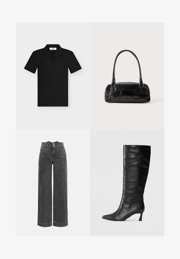 Sort poloshirt med korte ærmer, tre knapper og en blød krave, tekstureret stof, vist fladt på en lys baggrund.; Mørkegrå denim bukser med høj talje, vide ben, forlommer med lap og dobbelt knaplukning.; Sorte læder knæhøje støvler med spids tå og slank hæl. Glat tekstur med sømløst design og en poleret finish.; Sort læderhåndtaske med rektangulær form, der har et enkelt struktureret håndtag, sølvhardware og lynlås-lukning. Glat tekstur.