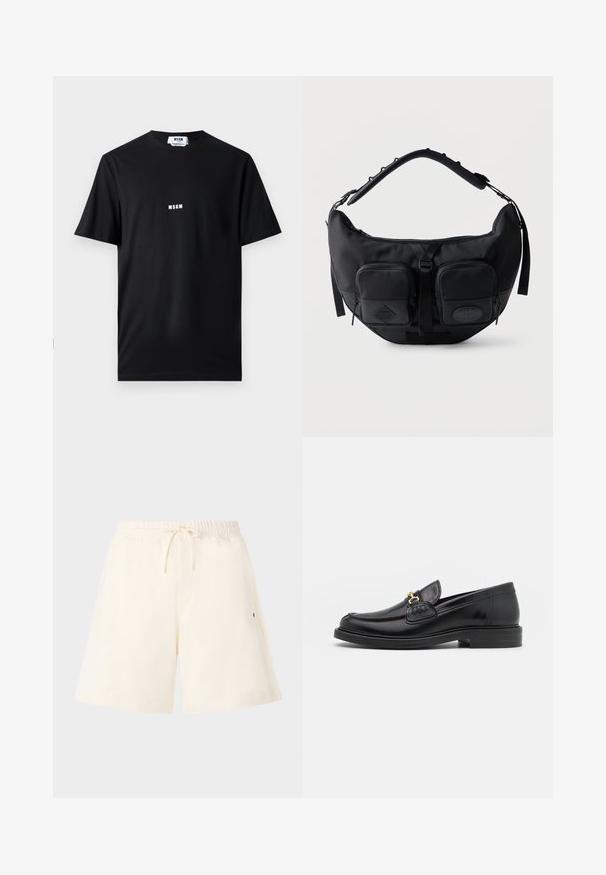 T-shirt en coton noir avec un col rond et des manches courtes. Le devant affiche le logo blanc "MSGM" centré. Texture lisse, coupe standard.; Shorts couleur crème en tissu doux, dotés d'une taille élastique avec cordon de serrage, de poches latérales et d'une coupe décontractée.; Mocassins en cuir noir avec un embout rond, présentant des accents en métal doré et des détails de couture, montés sur une semelle en caoutchouc texturé et basse.; Sac d'épaule noir en forme de croissant avec bandoulière rembourrée réglable et deux poches avant zippées avec tirettes.