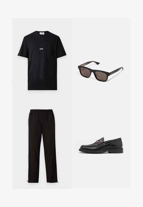Must have musta T-särk mustast puuvillast, millel on ümardatud kaelus ja lühikesed varrukad. Ees on keskel valge "MSGM" logo. Sile tekstuur, standardne lõige.; Mustad mustriga püksid elastse vöökoha, nööridega sulgemise ja reguleeritavate sääreotstega, millel on lukud. Sile ja läikiv tekstuur.; Mustad nahast loafers ümarate varvastega, millel on kuldne riistvaraline aksessuaar ja tikandite detail, paigutatud madalale, tekstureeritud kummist tallale.; Mustad mustad päikeseprillid tumedate objektiividega. Plastist raami sile tekstuur ja peen brändimisdetail sisemisel templil.