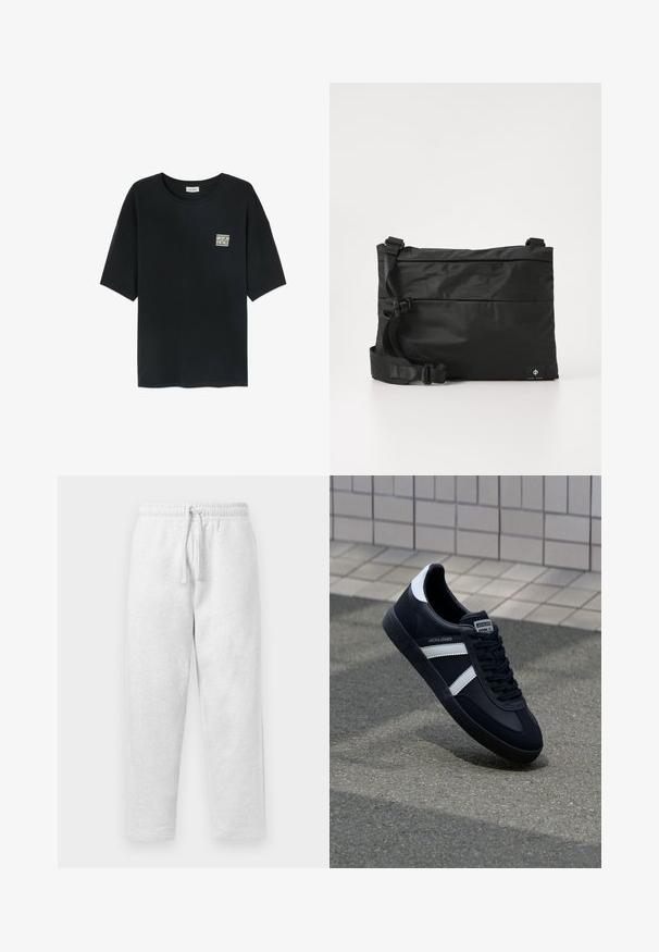 Zwart T-shirt met korte mouwen, ronde hals en klein wit "American Vintage" logo op de linkerborst tegen een witte achtergrond.; Lichtgrijze joggingsbroek van zachte stof, met een elastische tailleband en een trekkoord, in een ontspannen pasvorm.; Zwarte leren sneaker met witte strepen, een gestructureerde rubberen zool en vetersluiting aan de voorkant. Voorzien van een merklabel op de tong.; Zwarte nylon boodschappentas met verstelbare riem, plat ontwerp en een zijlabel met een logo. Soepele textuur en minimalistische stijl.