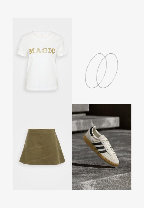 T-shirt blanc à manches courtes, arborant le mot "MAGIE" en grandes lettres dorées pailletées sur le devant. Texture en coton lisse.; Jupe en velours côtelé vert olive, forme évasée, tissu texturé, avec une taille lisse et des détails de couture.; Baskets Adidas Spezial blanches avec des rayures noires et une semelle en gomme flottant au-dessus de marches en pierre grises à l'extérieur.; Boucles d'oreilles en argent au design minimaliste. Forme circulaire, texture lisse et profil fin. Légères avec une finition polie.
