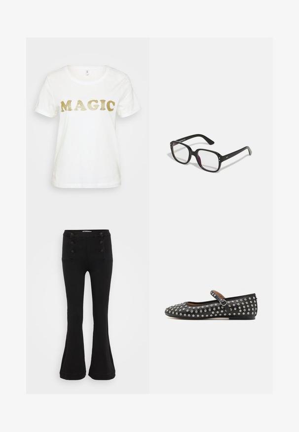 Witte T-shirt met korte mouwen, met het woord "MAGIC" in grote glinsterende gouden letters op de voorkant. Zachte katoenen textuur.; Zwarte flare broek van denim, met een hoge taille, vijf knopen aan de voorkant en twee voorzakken met decoratieve stiksels.; Zwarte leren ballerina met een ronde neus, voorzien van een bandje en zilverkleurige studs die gelijkmatig over het bovenwerk zijn verspreid.; Zwarte rechthoekige bril met heldere lenzen, voorzien van afgeronde randen en zijaccenten, met een glanzende afwerking van het montuur en de pootjes.
