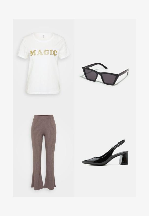 Witte T-shirt met korte mouwen, met het woord "MAGIC" in grote glinsterende gouden letters op de voorkant. Zachte katoenen textuur.; Bruine geribbelde flared broeken met een hoge, rekbare tailleband en een zachte textuur, met een subtiel verticaal patroon in het geheel.; Zwarte slingback schoen van lakleer met puntige neus en stevige middenhoge blokhak op een witte achtergrond.; Zwarte, hoekige zonnebril met grijze lenzen; gemaakt van plastic, met dikke armen met een gladde oppervlakte en zonder zichtbare hardware.