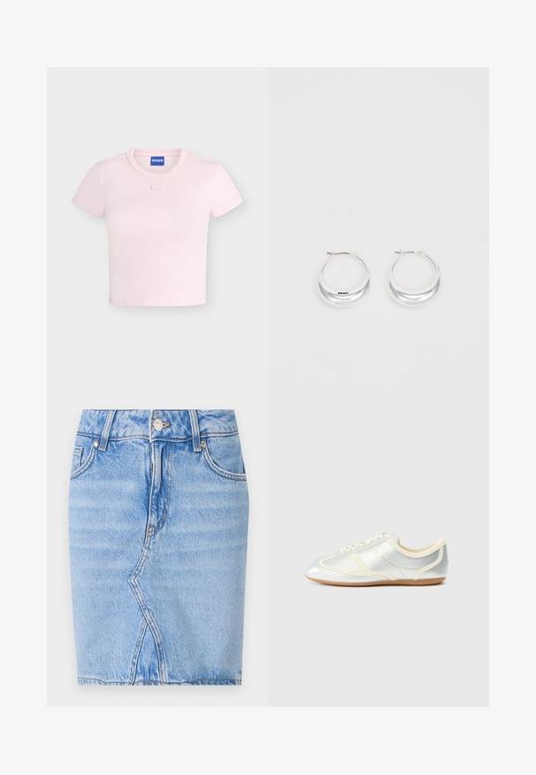T-shirt court côtelé rose clair à manches courtes, col rond et petit patch logo rectangulaire sous l'encolure.; Jupe en denim bleu clair avec poches avant, passants pour ceinture, fermeture à boutons et un détail de couture en forme de V à l'avant.; Baskets synthétiques argentées avec accents crème, profil bas, bout arrondi et semelle en caoutchouc plate ; dotées de coutures classiques et d'une fermeture à lacets.; Boucles d'oreilles en argent avec une finition polie et un branding DKNY, présentées sur un fond blanc uni.