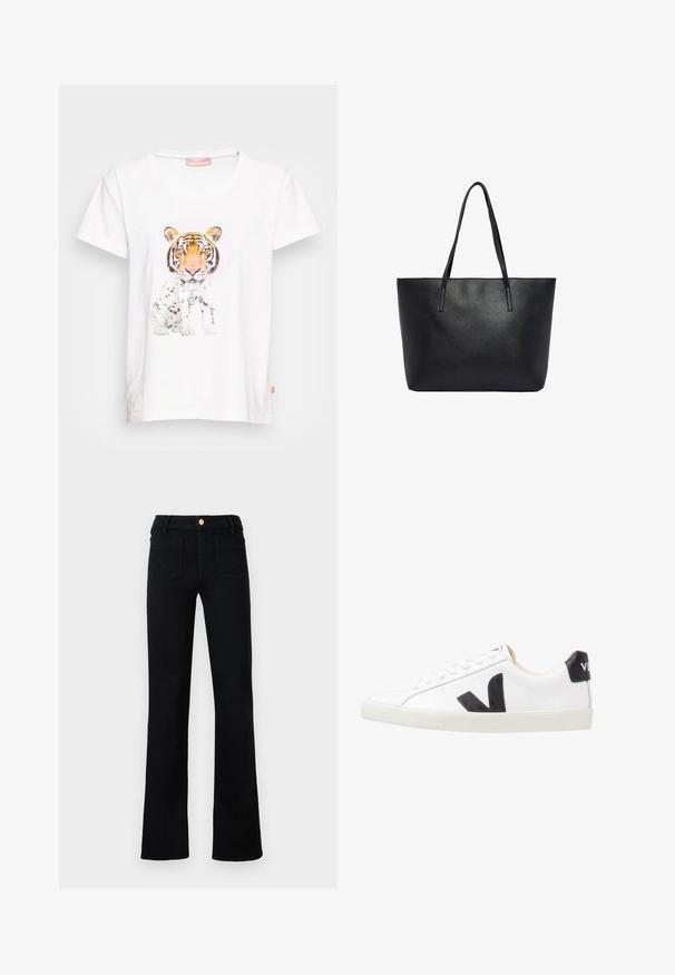 Frieda & Freddies T-shirt imprimé - all white; Jean droit noir taille haute avec poches avant plaquées et fermeture à bouton en cuivre sur un fond neutre.; Baskets blanches avec un logo V noir, présentant un dessus en cuir lisse, un bout rond, un système de laçage et un empiècement au talon noir contrastant.; Sac fourre-tout en cuir noir texturé avec deux longues bretelles d'épaule, forme rectangulaire et ouverture sur le dessus.