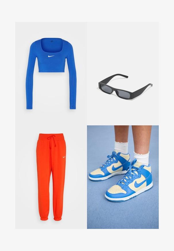 Nike Sportswear W NSW LS CROP TOP SW - Pikkade varrukatega topp - game royal/phantom; Nike Sportswear W PHNX FLC HR OS - Dresside alumine osa - picante red/sail; Sinised ja kreemjad kõrge reiega tossud, millel on perforatsioonidega varvas, kontrastse swoosh-logo ja tekstuuriga nahkpealne. Lõpetatud helesiniste nööridega.; Mustad ristkülikukujulised prillid tumepruunide objektiividega ja paksude mattmustade raamidega. Raamide varred on veidi kitsenenud ja neil on sile tekstuur.