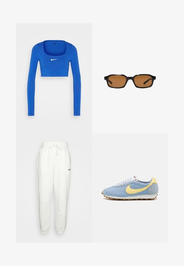 Nike Sportswear W NSW LS CROP TOP SW - Langærmet T-shirt - game royal/phantom; Hvide sweatpants lavet af et blødt stof, med elastisk talje med snøre, sidelommer og et sort Nike-logo på venstre lår.; Blå mesh- og ruskinds-sneakers med gul Nike swoosh, hvide snørebånd og lysebrun sål; klassisk atletisk design.; Sorte rektangulære solbriller med tykke stel og brune tonede linser, vist forfra på en hvid baggrund.