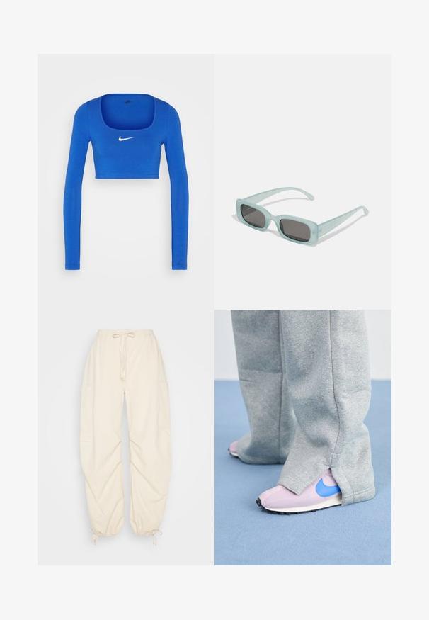 Nike Sportswear W NSW LS CROP TOP SW - Langærmet T-shirt - game royal/phantom; Weekday SKYLER PARACHUTE TROUSER - Cargobukser - white dusty light; Grå sweatpants dækker lyserøde sneakers med en blå Nike swoosh, der har et struktureret stof og en kontrasterende sål.; Et par rektangulære solbriller med lyseblå gennemsigtige stel og mørkegrå linser, der har lige templer og minimale hardware detaljer.
