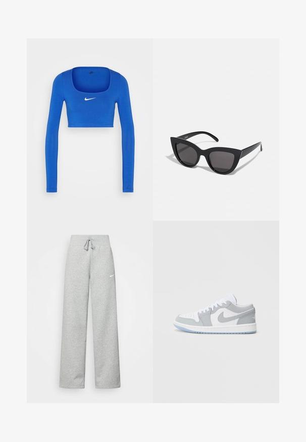 Nike Sportswear W NSW LS CROP TOP SW - Langærmet T-shirt - game royal/phantom; Grå sweatpants med elastisk talje, snor detaljer og et lille hvidt Nike-logo på venstre lår. Blødt stof, løs pasform.; Nike-sneakers med en blanding af gråt og hvidt læder, perforeret tå, snørebånd og en lys blå ydersål med logodetaljer.; Sorte cat-eye solbriller med mat finish, der har grå tonede linser, skarpe vinkler og slanke sidearme. Mærkenavnet er synligt på den indre arm.