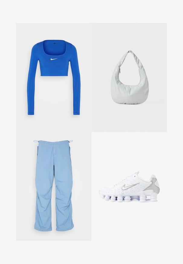 Nike Sportswear W NSW LS CROP TOP SW - Top s dlhým rukávom - game royal/phantom; Svetlomodré, voľné nohavice z mäkkej tkaniny. Majú šnúrku v páse, dve bočné vrecká a uvoľnený strih s čistým prešívaním.; Biele športové topánky s jemnou sieťovinou na hornej časti, striebornými detailmi a jedinečným dizajnom podpätka v tvare cievky. Majú polstrovaný golier a šnurovanie pre lepšie udržanie na nohe.; Mäkká, svetlošedá hobo taška vyrobená z syntetického materiálu. Obsahuje jeden polstrovaný popruh a bočné vrecko so zipsom.