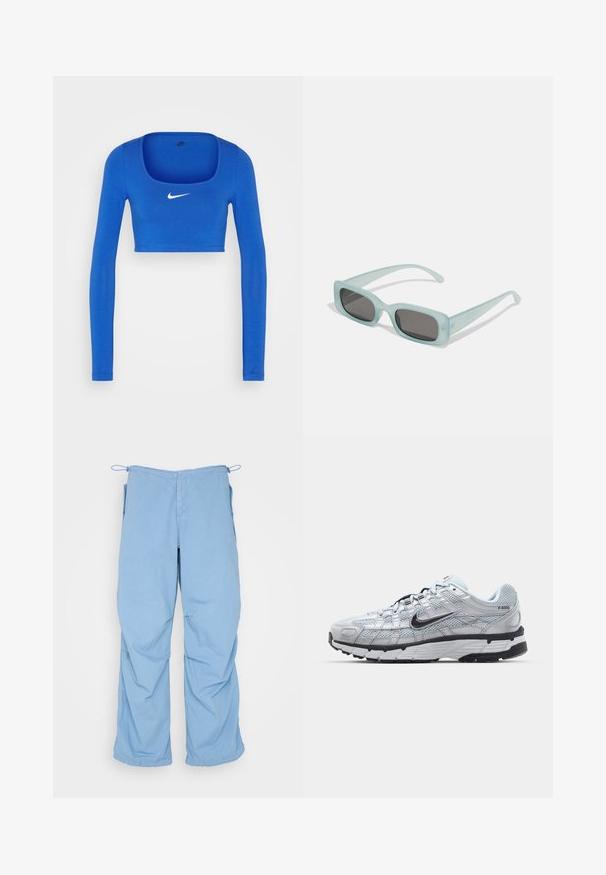 Nike Sportswear W NSW LS CROP TOP SW - Top s dlhým rukávom - game royal/phantom; Svetlomodré, voľné nohavice z mäkkej tkaniny. Majú šnúrku v páse, dve bočné vrecká a uvoľnený strih s čistým prešívaním.; Tenisky Nike P-6000 s vrchným materiálom z jemnej šedej sieťoviny, čiernymi akcentmi a odolnou čiernou gumovou podrážkou. Obsahujú jemný dizajn a systém šnurovania.; Párik obdĺžnikových slnečných okuliarov s svetlomodrými priehľadnými rámami a tmavosivými sklami, s rovnými stranami a minimálnymi hardvérovými detailmi.