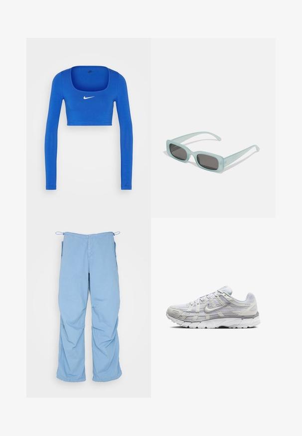Nike Sportswear W NSW LS CROP TOP SW - Top s dlhým rukávom - game royal/phantom; Svetlomodré, voľné nohavice z mäkkej tkaniny. Majú šnúrku v páse, dve bočné vrecká a uvoľnený strih s čistým prešívaním.; Svetlo šedé športové topánky s vrchom z ďalekého a syntetického materiálu, so šnurovacím uzáverom, polstrovaným golierom a štruktúrovanou podrážkou pre lepšiu priľnavosť.; Párik obdĺžnikových slnečných okuliarov s svetlomodrými priehľadnými rámami a tmavosivými sklami, s rovnými stranami a minimálnymi hardvérovými detailmi.