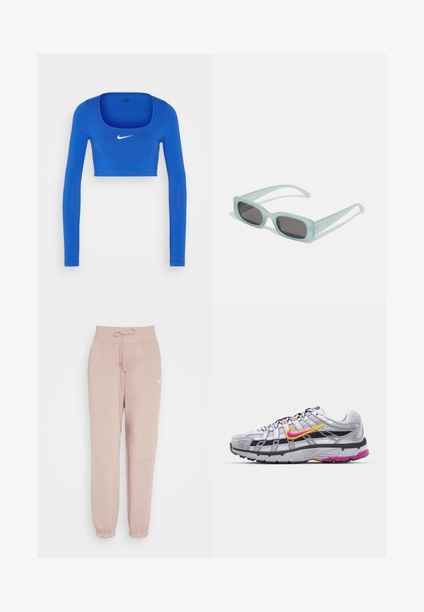 Nike Sportswear W NSW LS CROP TOP SW - Top s dlhým rukávom - game royal/phantom; Nike Sportswear W PHNX FLC HR OS - Tepláky - diffused taupe/sail; Šedé bežecké topánky z materiálu mesh s charakteristickým ružovým a žltým piktogramom, čiernymi akcentmi a textúrovanou gumovou podrážkou. Obsahujú zosilnenú špičku a polstrovaný golier.; Párik obdĺžnikových slnečných okuliarov s svetlomodrými priehľadnými rámami a tmavosivými sklami, s rovnými stranami a minimálnymi hardvérovými detailmi.