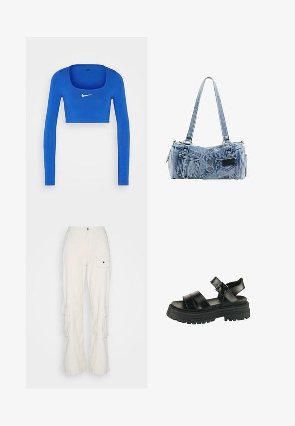 Nike Sportswear W NSW LS CROP TOP SW - Top s dlhým rukávom - game royal/phantom; Cotton On HAYDEN PANT - Kapsáče - dove grey; Čierna sandále s hrubou podrážkou, dvoma širokými prednými remienkami, remienok na členok a striebornou prackou na bielom pozadí.; Svetlomodrá rifľová taška cez rameno tvarovaná ako džínsy s vreckami, gombíkmi a dvojitými popruhmi, visiaca na bielom pozadí.