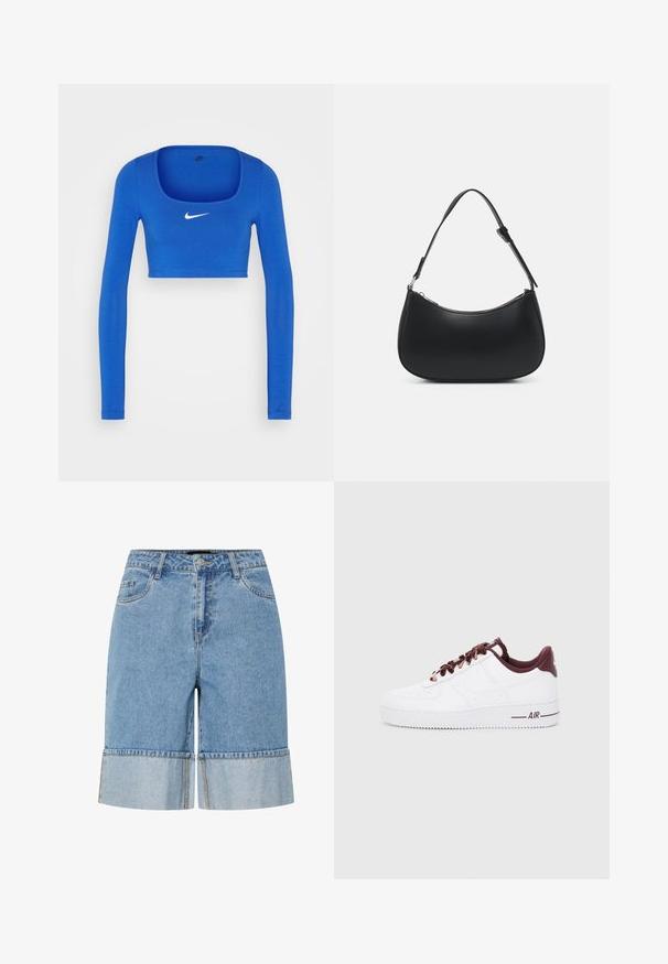Nike Sportswear W NSW LS CROP TOP SW - Langærmet T-shirt - game royal/phantom; Lysblå denimshorts med oprullet kant, der har knaplukning, bæltestropper og to frontlommer. Glat tekstur og afslappet design.; Hvide læder sneakers med mørkerøde accenter, der har runde snørebånd, en polstret krave og teksturerede gummisåler. "AIR" trykt på siden.; Pieces PCALUANA SHOULDER BAG - Håndtasker - black