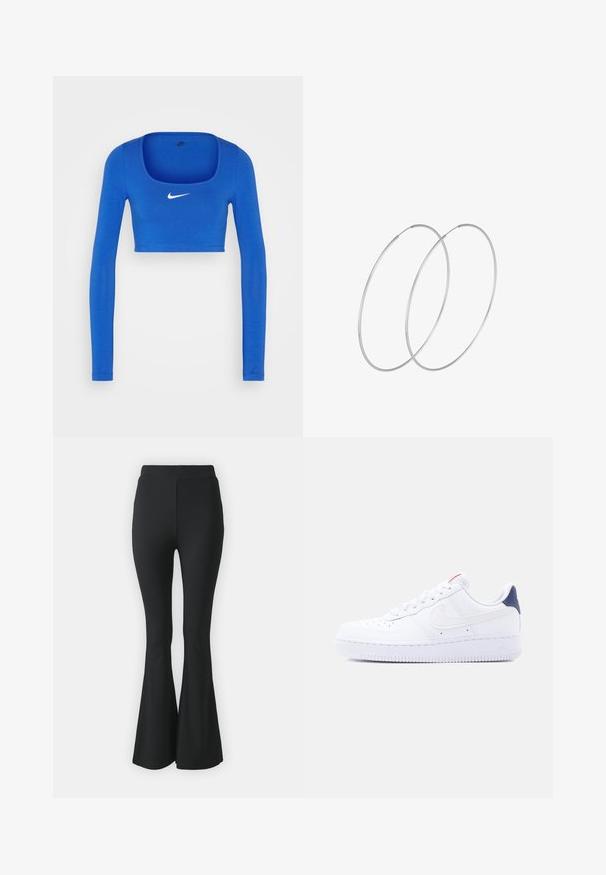 Nike Sportswear W NSW LS CROP TOP SW - Pikkade varrukatega topp - game royal/phantom; Mustast lõtvuvate pükste, mis on valmistatud venivast kangast. Omab kõrget vööd ja sujuvat, keha järgivat disaini, mis laieneb põlve alt allapoole.; Valge madala säärega toss, mille varbaosas on perforatsioonid, valged paelad, valge Swooshi logo ja tume sinise kannataba.; Hõbedased rõngastikkaehingad minimalistlikus disainis. Ümar kuju, sile tekstuur ja õhuke profiil. Kerged ning poleeritud viimistlusega.