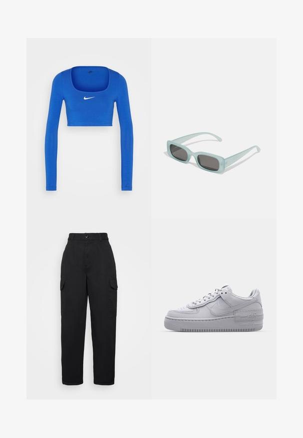 Nike Sportswear W NSW LS CROP TOP SW - Μπλούζα με μακριά μανίκια - game royal/phantom; Μαύρο cargo παντελόνι με ψηλή μέση, εμπρόσθιες πτυχές, δύο πλαϊνές τσέπες και άνετη εφαρμογή, φτιαγμένο από ανθεκτικό ύφασμα με λεία υφή.; Γκρι Nike Air Force 1 αθλητικό παπούτσι με πορώδη μύτη, λεία δερμάτινη επάνω επιφάνεια, χοντρή σόλα και ανάγλυφη λεπτομέρεια 'AIR' στην φτέρνα.; Ενα ζευγάρι ορθογώνια γυαλιά ηλίου με ανοιχτό μπλε ημιδιαφανείς σκελετούς και σκούρους γκρι φακούς, διαθέτοντας ίσιες βραχίονες και ελάχιστες λεπτομέρειες υλικών.