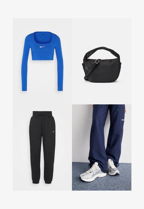 Nike Sportswear W NSW LS CROP TOP SW - Pikkade varrukatega topp - game royal/phantom; Mustad mustad joggingupüksid pehmest puuvillasegust, millel on elastne vöökoht ja pael ning elastsed mansetid. Nike logo vasakul reiel.; Nike spordijalatsid hõbedase võrkkanga ülaosaga, valgete aktsentidega ja tekstuuriga tallad, koos laia lõikega tumesiniste pükstega.; Must mustra kott, millel on keerdkäepide, eemaldatav rihm ja lukuga pealmine sulgur. Sile tekstuur ja minimalistlik disain.
