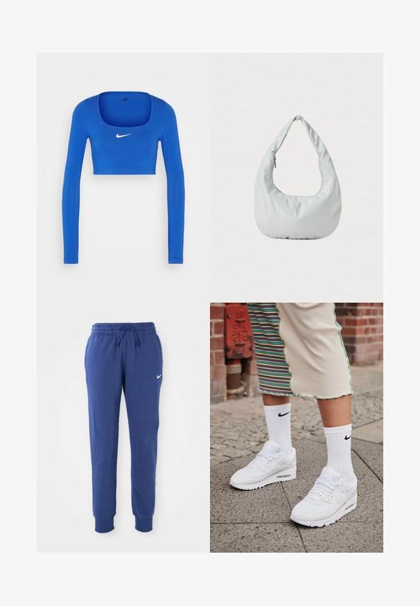 Nike Sportswear W NSW LS CROP TOP SW - Langærmet T-shirt - game royal/phantom; Blå Nike sweatpants med elastisk talje, snøre, afsluttende ankler og hvid Nike swoosh-logo på venstre lår.; Hvide Nike Air Max 90 sneakers med mesh og læderoverdel, der har en synlig luftenhed, parret med hvide ribbede sokker med sort logo.; Blød, lys grå hobo-taske lavet af syntetisk materiale. Har et enkelt polstret håndtag og en lynlåslomme på siden.