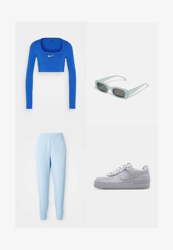 Nike Sportswear W NSW LS CROP TOP SW - Pitkähihainen paita - game royal/phantom; Valaise vaaleansiniset juoksuhousut, jotka on valmistettu pehmeästä materiaalista. Housuissa on sileä pinta, kapenevat lahkeet ja hienovarainen logoväri sivussa.; Harmaa Nike Air Force 1 -lenkkari, jossa on reikänenä, sileä nahkapäällinen, paksu pohja ja kohokuvioitu 'AIR'-yksityiskohta kantapäässä.; Pari rektangulaarisia aurinkolaseja, joissa on vaaleansiniset läpinäkyvät kehykset ja tummanharmaat linssit. Aurinkolasit ovat suorat temppeleiltään ja niissä on minimaalinen varusteiden määrä.