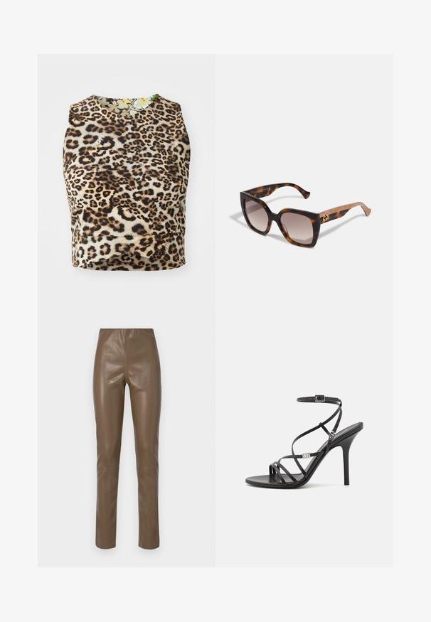 Top sans manches en imprimé léopard, fabriqué en tissu doux, avec un col rond et une doublure intérieure à motifs floraux.; Pantalons en cuir synthétique brun avec une texture lisse et brillante. Présentent une taille haute et des jambes droites, avec des détails de couture minimalistes.; Sandale noire à talons hauts avec des brides fines, une boucle à la cheville, une surface en cuir lisse et un talon aiguille élancé.; Gucci Lunettes de soleil - havana