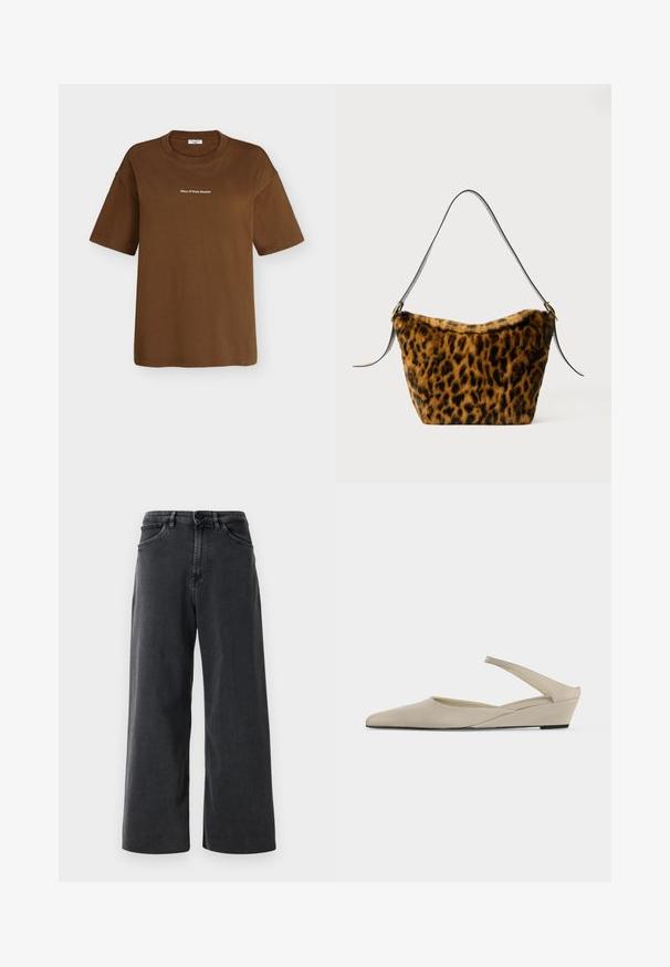 Braunes T-Shirt mit kurzen Ärmeln und Rundhalsausschnitt, mit dem Logo "Marc O’Polo Denim" mittig auf der Brust.; Schwarze weite Jeans mit Knopf und Reißverschluss vorne, Gürtelschlaufen und Fronttaschen auf einem schlichten weißen Hintergrund.; Beiger Slingback-Schuh mit niedrigem Keilabsatz, spitzer Zehenpartie und glatter matter Oberfläche, in Seitenansicht vor weißem Hintergrund dargestellt.; Faux-Fur-Leopardenmuster Tasche mit weicher Textur, leicht konisch geformt und schwarzem Ledergriff mit goldenen Hardware-Akzenten.