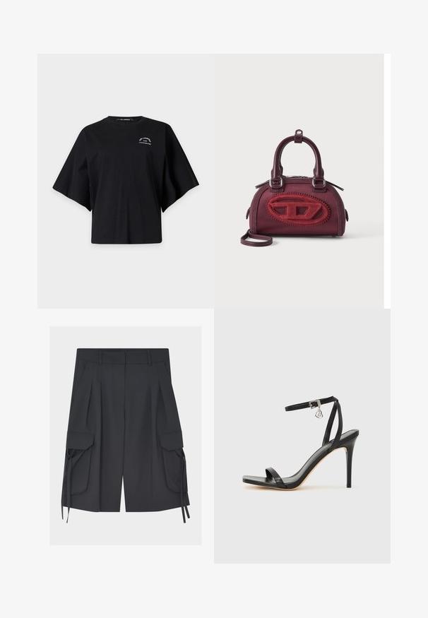 Μαύρο oversized κοντομάνικο μπλουζάκι με στρογγυλή λαιμόκοψη και μικρό λευκό λογότυπο Karl Lagerfeld στο πάνω αριστερό μέρος του στήθους.; Μαύρες cargo βερμούδες μέχρι το γόνατο με πιέτες, θηλιές για ζώνη, λοξές πλαϊνές τσέπες και τσέπες με καπάκι και ρυθμιζόμενα κορδόνια σε κάθε πόδι.; Μαύρο σανδάλι με ψηλό τακούνι, στενό λουράκι στον αστράγαλο, τετράγωνη μύτη, υλικό από λείο δέρμα και μεταλλικό διακοσμητικό πόρπη.; Μικρό μπορντό γυναικείο τσαντάκι με στρογγυλεμένο σχήμα, διπλές λαβές και μεγάλο κόκκινο υφασμένο οβάλ λογότυπο μπροστά σε απλό φόντο.