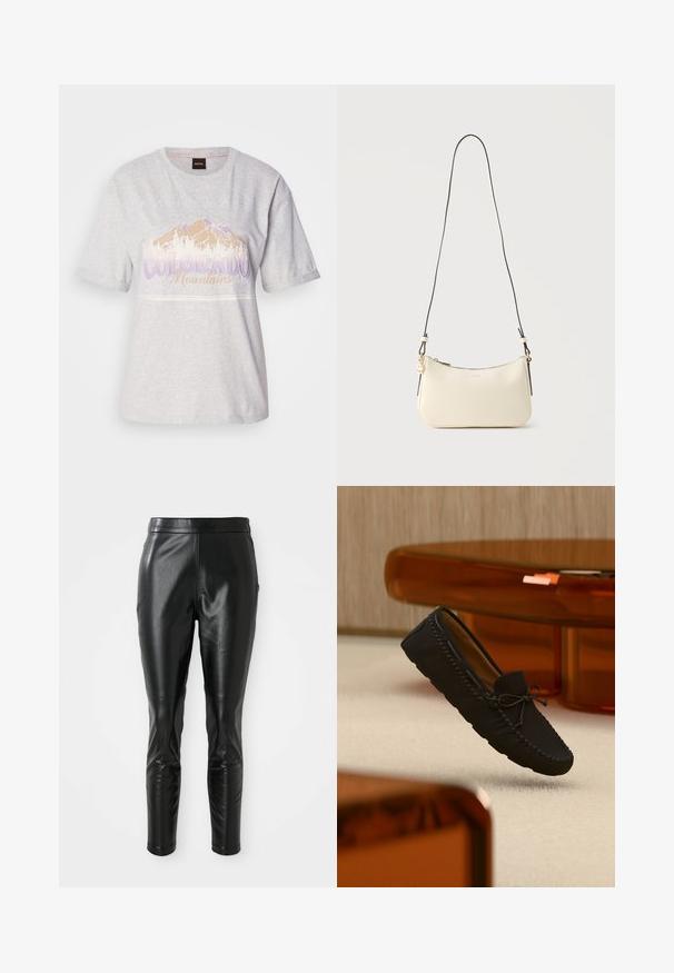 Helle graue Baumwoll-T-Shirt mit kurzen Ärmeln, das ein Berggrafik und Text in Violett und Beige zeigt. Runder Halsausschnitt, lockere Passform.; Schwarze Lederhosen mit schmaler Passform, die über eine glatte Textur und einen hohen Bund verfügen. Die Details umfassen Knieakzente für ein zusätzliches Design.; Schwarzer Mokassins-Loafer mit gebundenen Schnürsenkeln, schwebend über einem beigen Teppich in einem Raum mit bernsteinfarbenen Möbeln präsentiert.; Kleine cremefarbene Lederschultertasche mit dünnem schwarzem Riemen, goldenem Reißverschluss und kleinem goldenem BOSS-Logo vorne.