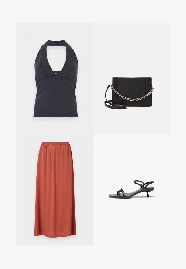 Top negro con cuello halter, escote en V profundo y cintura ajustada, sin mangas, sobre un fondo liso.; Falda de color óxido, de longitud media, con una cintura elástica y un tejido suave que drapea para mayor comodidad. Sin patrones ni acentos visibles.; Sandalia de cuero negro con un diseño elegante y minimalista. Presenta dos correas delgadas y un pequeño tacón inclinado. Textura suave y punta abierta.; Bolso cruzado de piel negra con textura suave, forma rectangular y un detalle de cadena metálica en el frente. Incluye una correa ajustable.